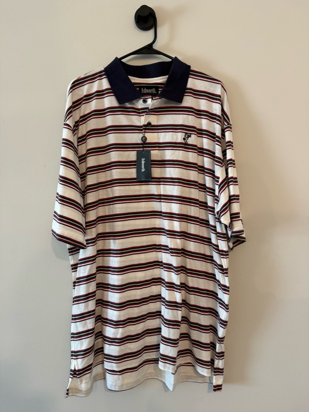 Ashworth White Polo with Navy Collar and Burgundy Stripes